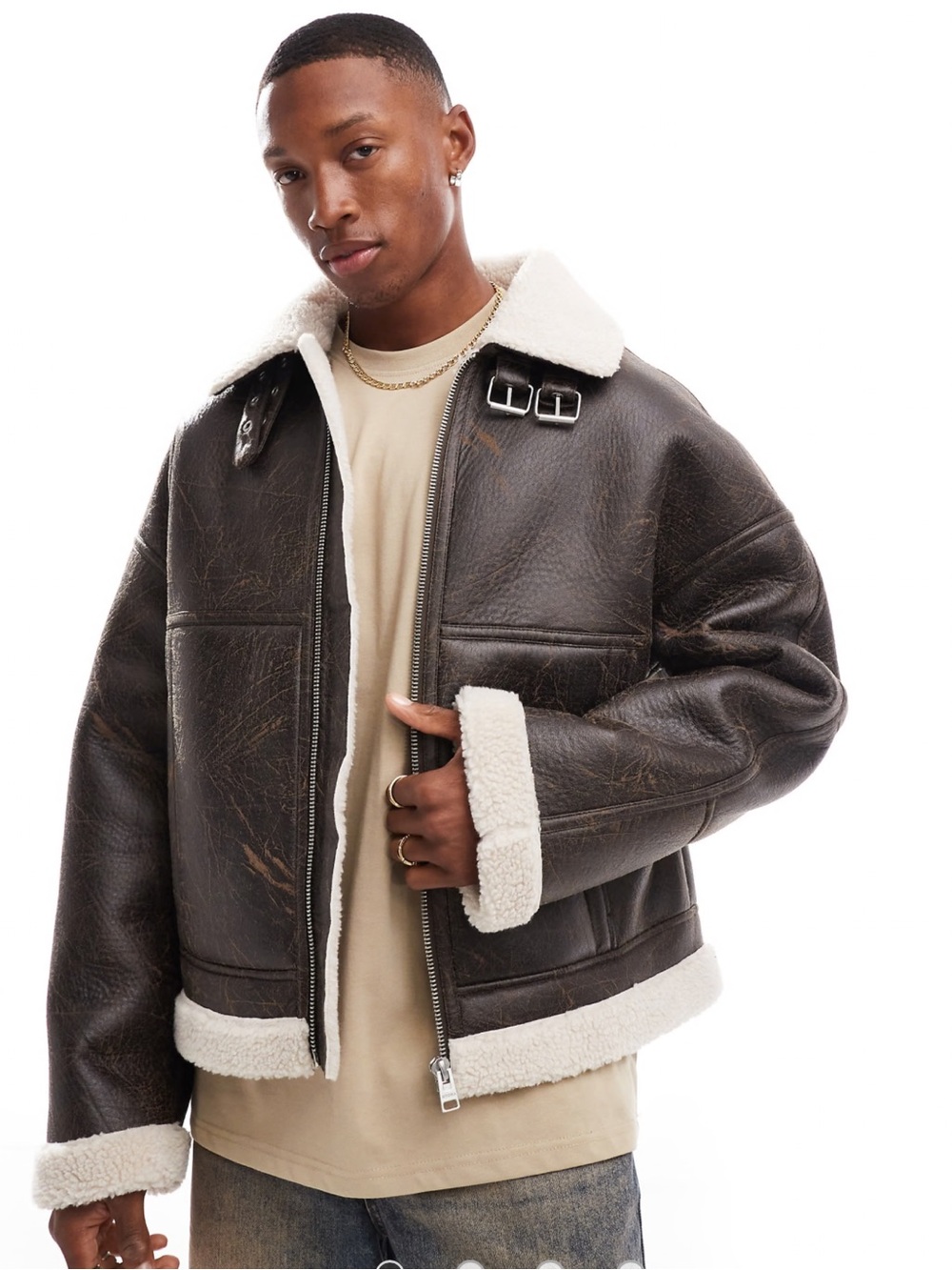 NWT Bershka Dark Brown Aviator Jacket with Cream Shearling Trim sz M
